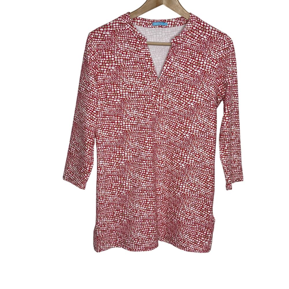 J. McLaughlin Womens Catalina Cloth Tunic Top M Red Split V Neck 3/4 Sleeve